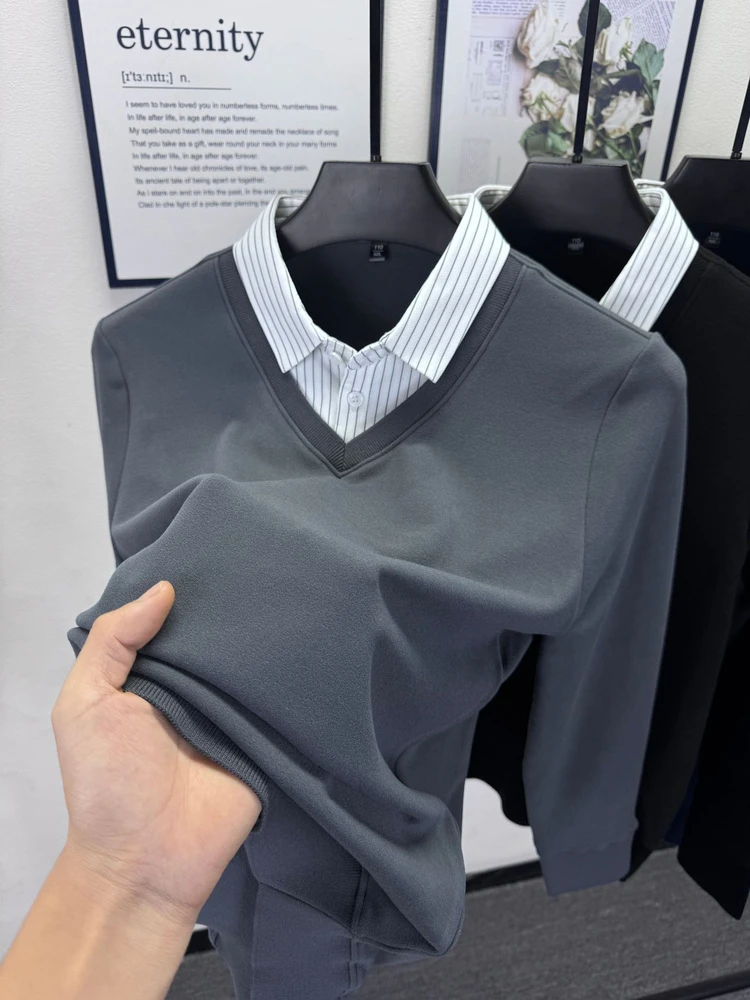 BOY NORMAN潮牌假两件德绒保暖卫衣男士秋冬纯色磨毛保暖内搭t恤