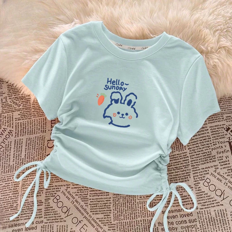女童短袖T恤新款时尚夏季儿童百搭外童装抽绳设计半袖超萌上衣