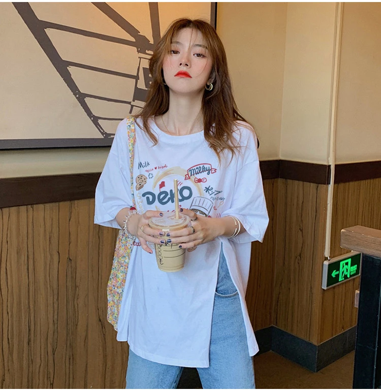 夏季2025新款大版洋气宽松半袖上衣时尚白色中长款开叉短袖t恤女