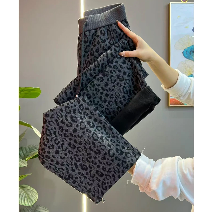 2025冬新款加绒两穿松紧腰灰色豹纹宽松休闲裤百搭阔腿拖地长裤女