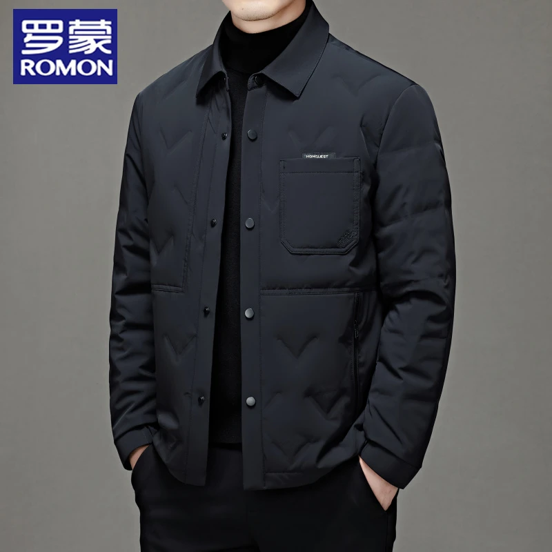 罗蒙2025新款白鸭绒羽绒服男士纯色翻领羽绒服轻薄短款保暖羽绒服