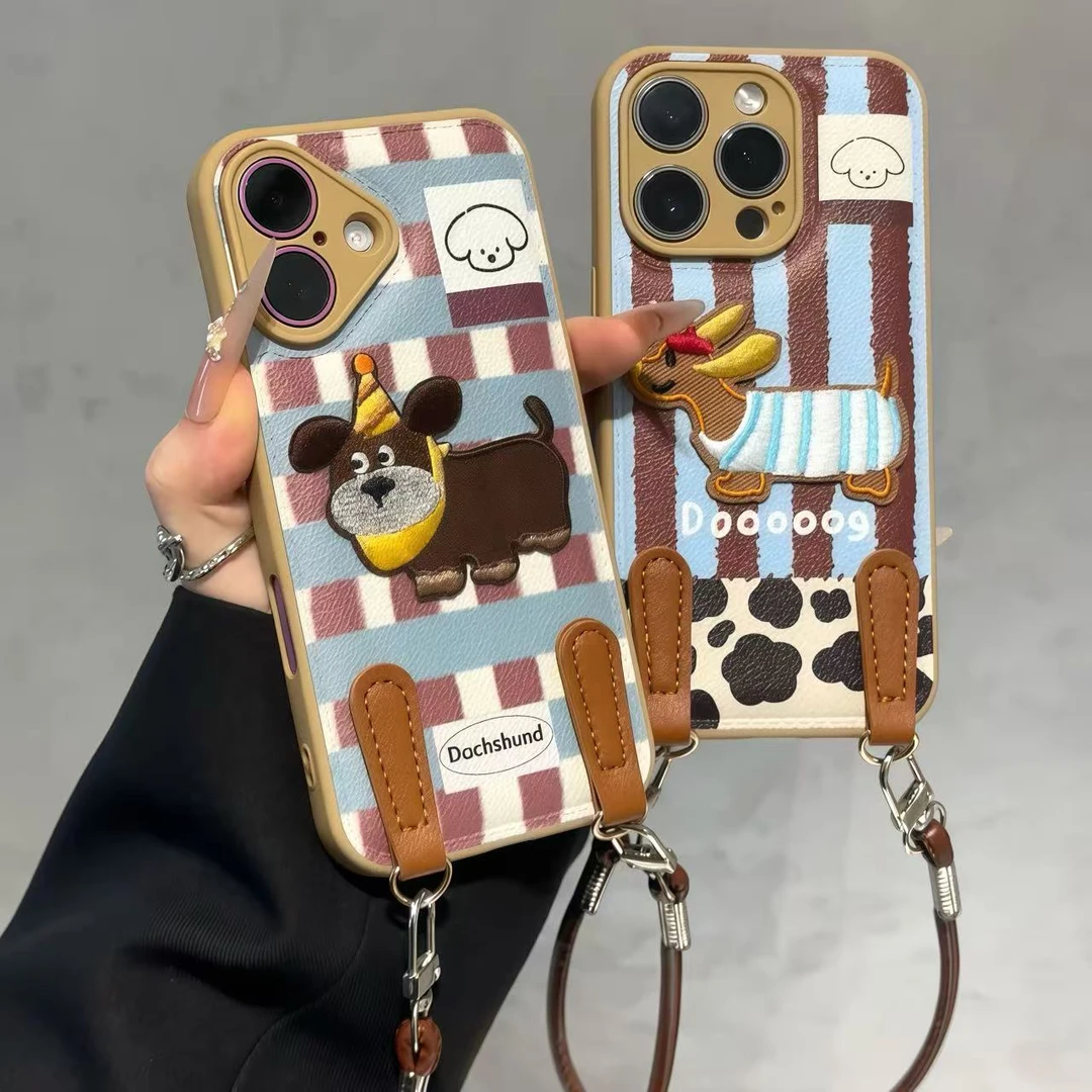 卡通皮纹刺绣小狗挂绳适用iPhone苹果16手机壳华为vivo小米15oppo