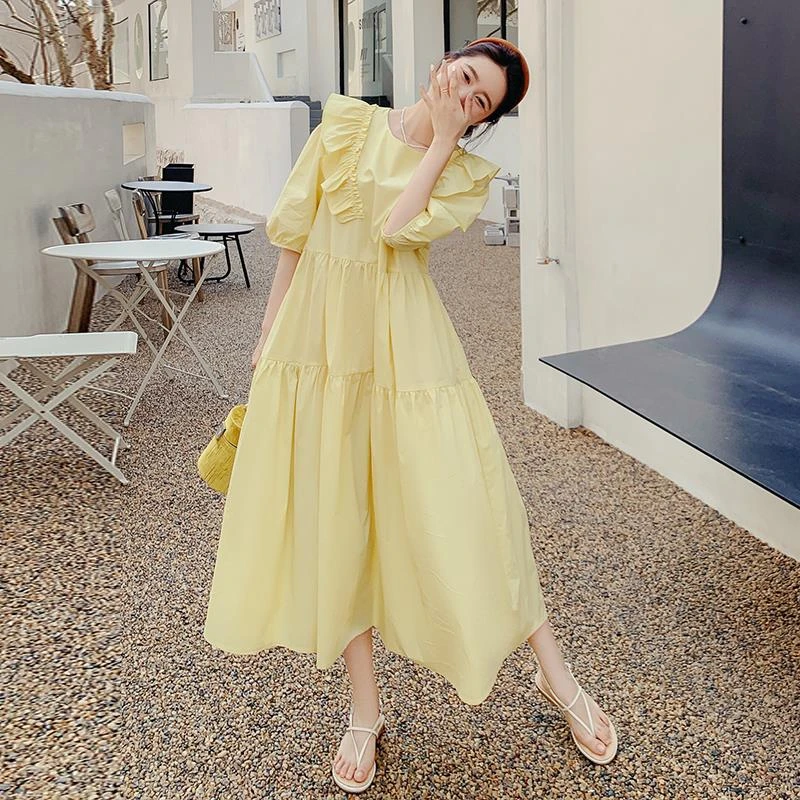 奶油黄色圆领连衣裙女夏新款法式泡泡袖宽松甜美温柔仙女茶歇裙