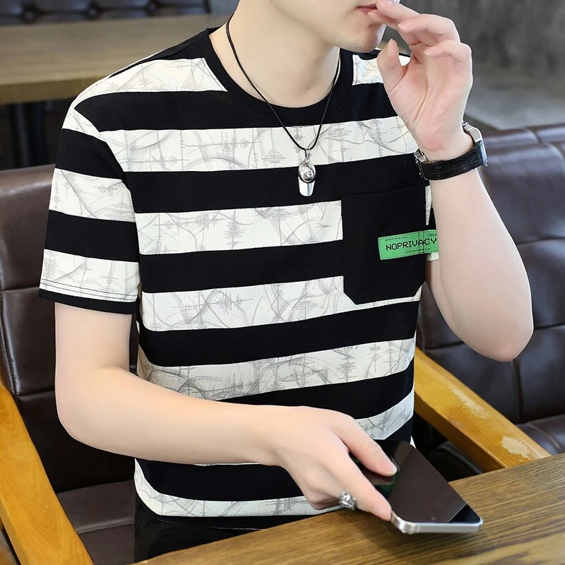 高档新款条纹短袖T恤男士夏季休闲百搭圆领打底潮流男装半袖7127