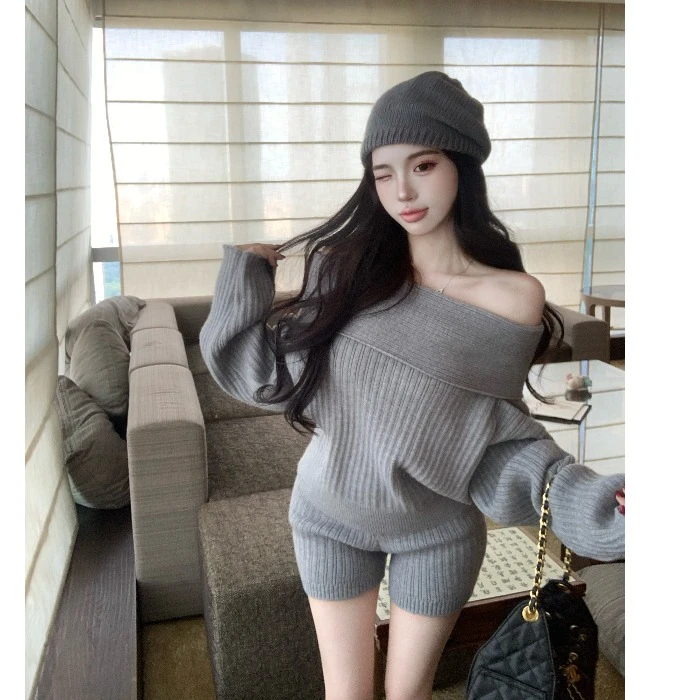 一字肩宽松慵懒长袖毛衣针织衫女秋季辣妹套装休闲直筒短裤两件套