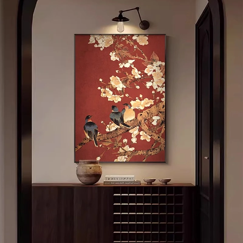 中式红色花鸟中古风玄关客厅装饰画复古艺术走廊玄关边柜挂画