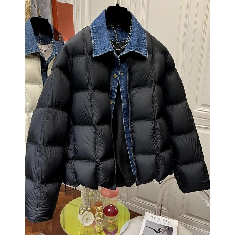 P0631牛仔拼接领子简约棉衣棉服外套女冬季假两件加厚保暖面包服