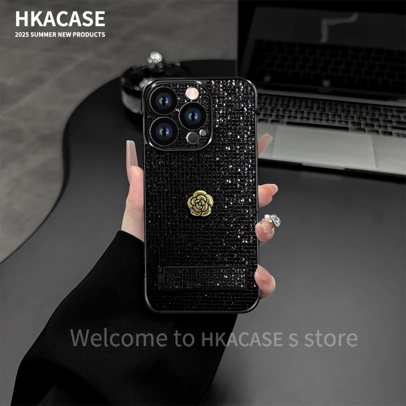 山茶花适用苹果vivo华为oppo小米iPhone17闪钻亮片无边框手机壳