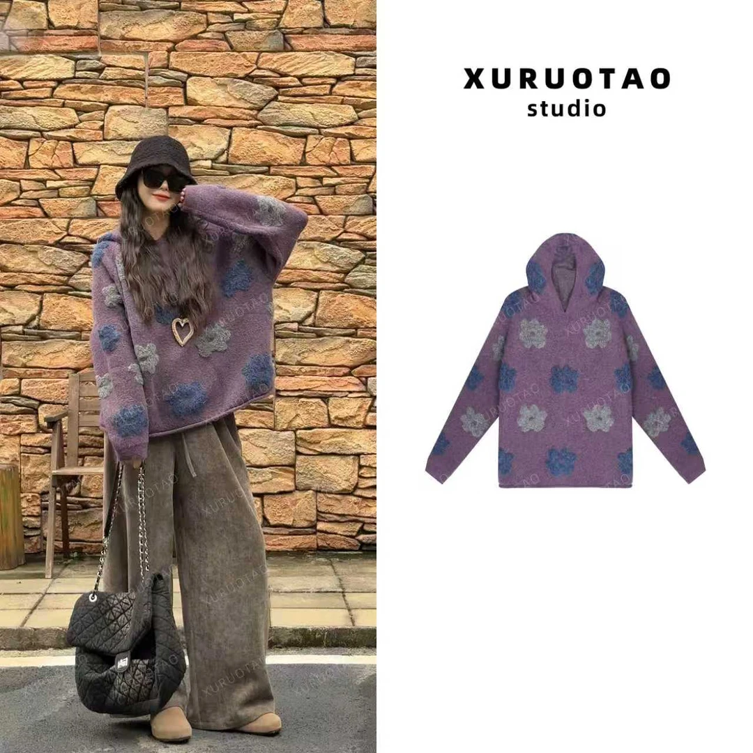 XURUOTAO 【花朵毛衣】羊毛绒感花朵刺绣设计时尚紫色毛衣 T5011
