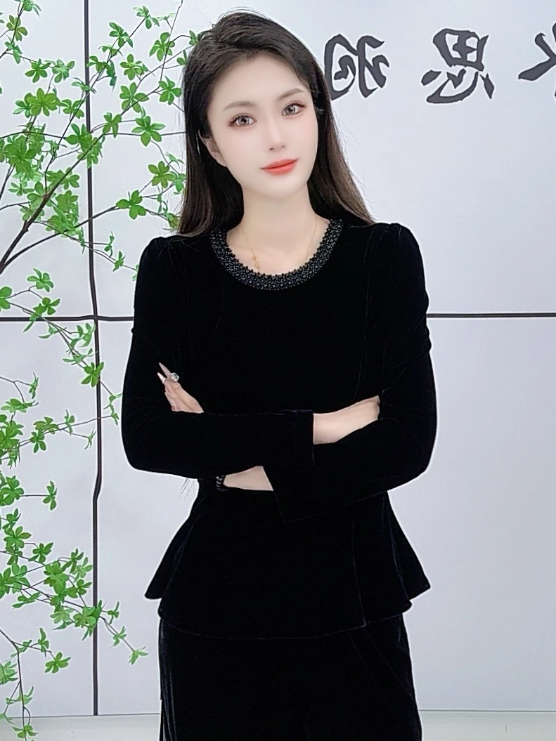 [思思专属】新款面膜丝绒重工领子荷叶摆长袖时尚气质显瘦上衣A02