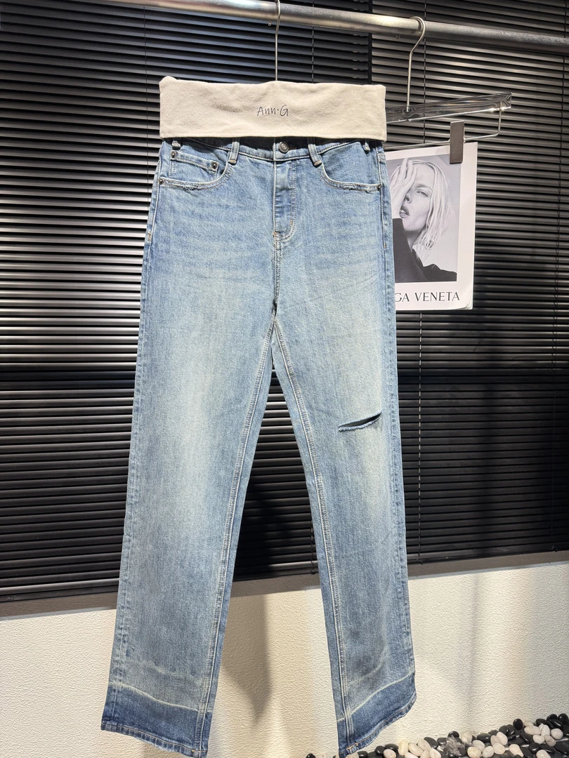 B002深圳小众设计师刀割破洞水洗破坏直筒宽松长裤牛仔裤