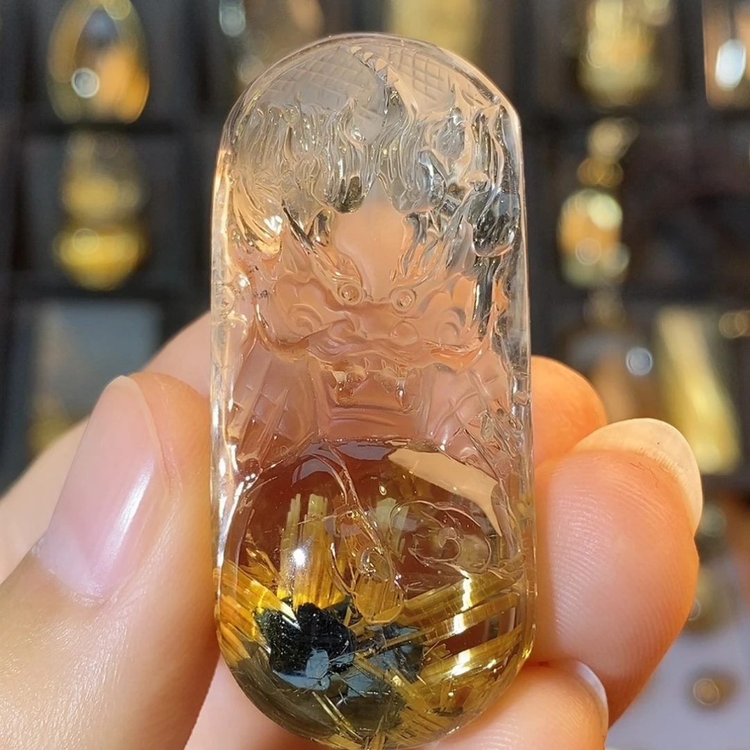 水晶未镶嵌颈饰天然钛晶花聚宝盆龙牌吊坠