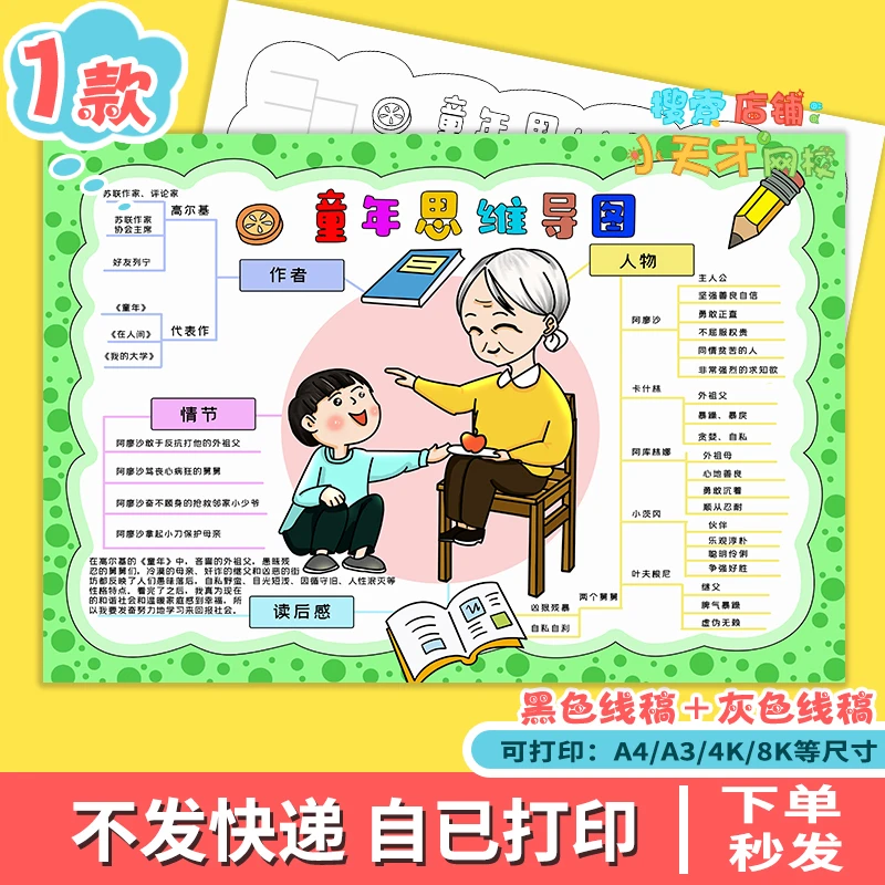 小学生好书推荐高尔基童年思维导图手抄报小报模板线稿读书卡e158