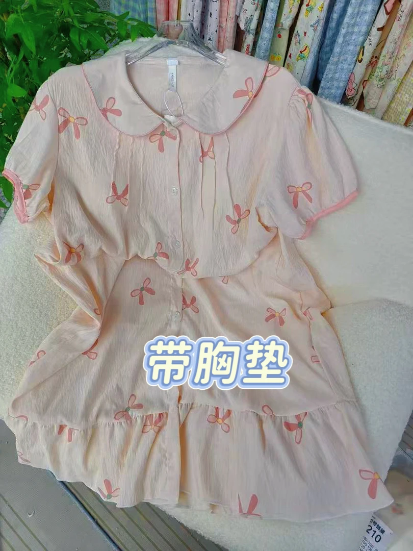 夏季新款翻领满印蝴蝶结公主裙