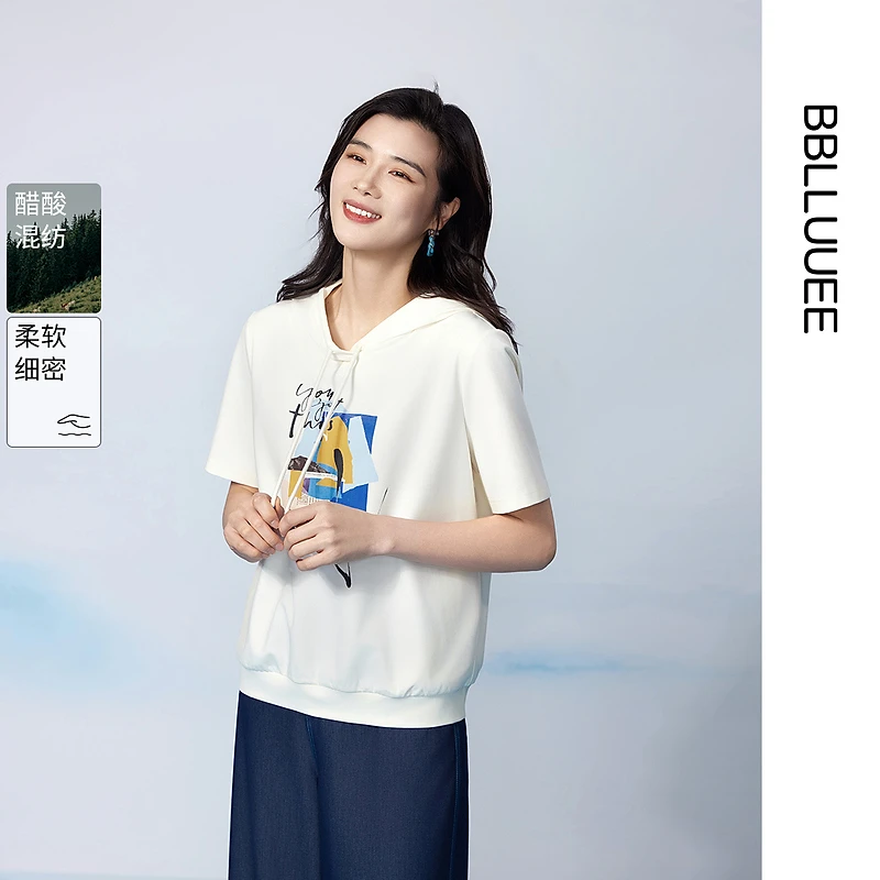 【晨粉专享价】【减龄印花】粉蓝衣橱新款休闲抽绳连帽卫衣短袖