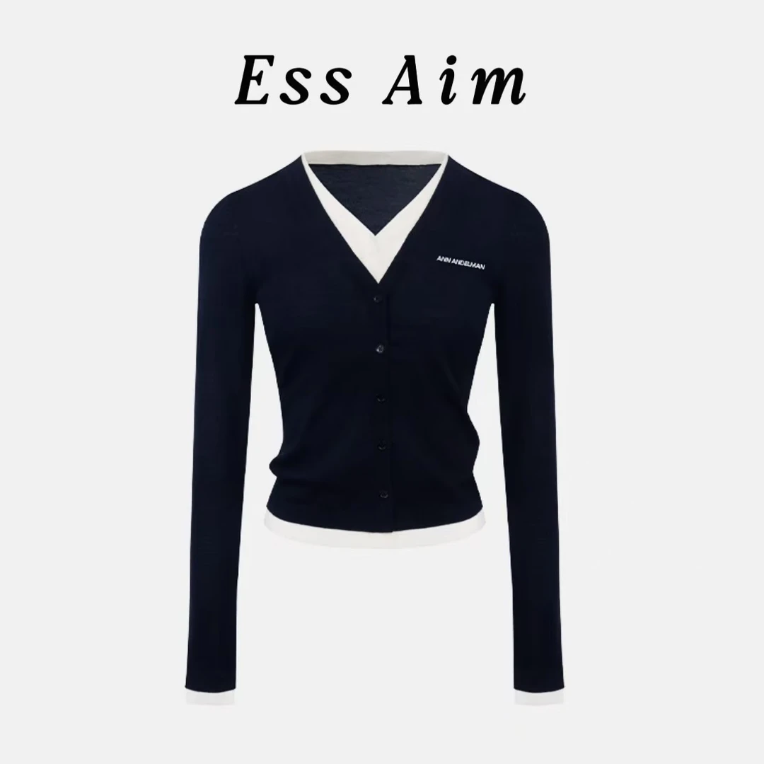 EssAim-0078 海妖风修身针织上衣短款撞色设计师长袖针织毛针织衫