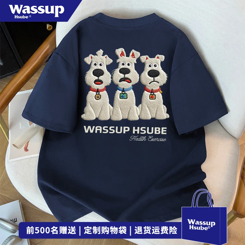 WASSUP HSUBE仿刺绣小狗印花短袖ins美式百搭T恤藏青纯棉男女上衣