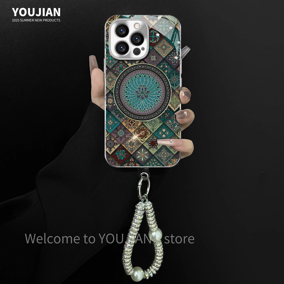 五彩蓝莲花适用苹果vivo华为oppo小米iPhone16电镀玻璃壳手机壳