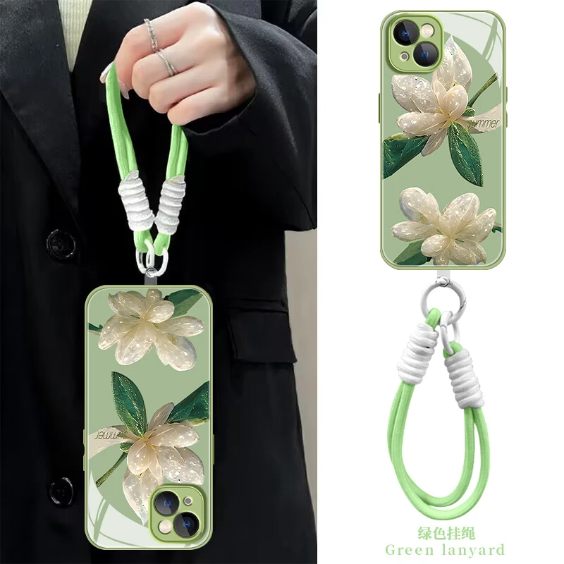 适用【苹果/华为/荣耀/OPPO/vivo】绿叶花朵液态玻璃手机壳