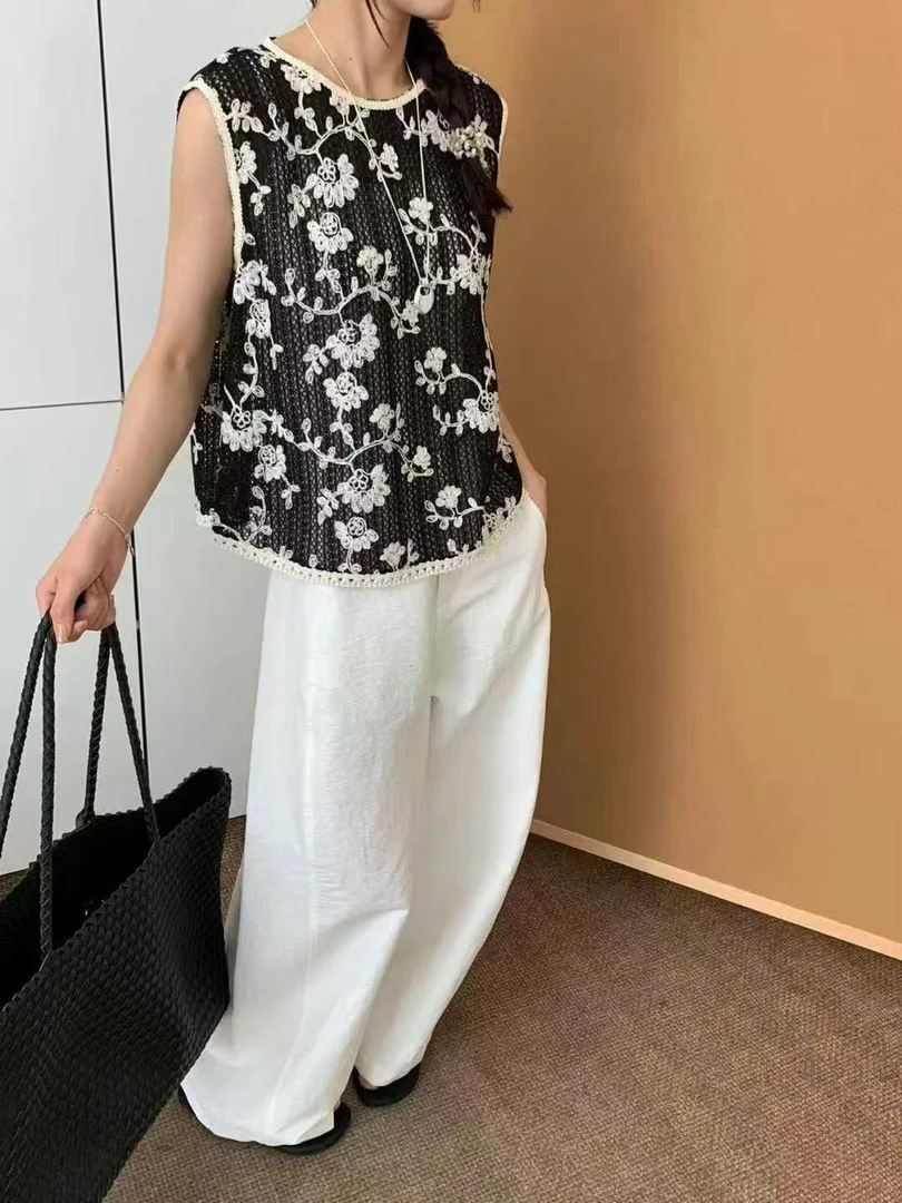 【罗罗严选】7582复古重工镂空花朵刺绣蕾丝背心