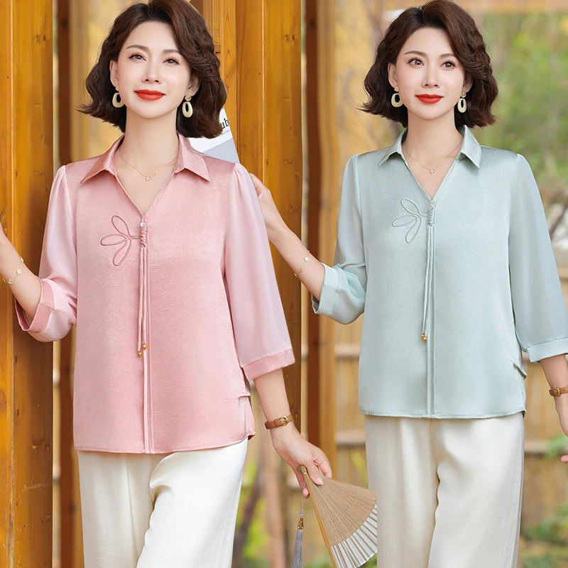 时尚妈妈夏装套装新款中老年女透气上衣宽松中年人休闲
