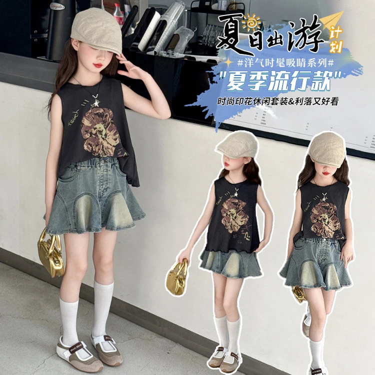 女童夏季套装儿童洋气时尚休闲牛仔外穿好看夏日印花无袖韩版时髦