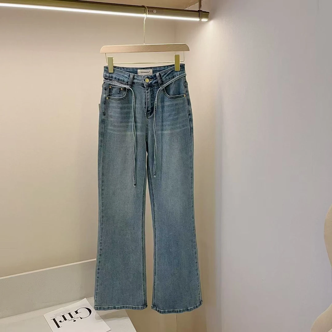 豆子推荐【微喇裤】26822 春季高腰显瘦腰带水洗牛仔裤百搭