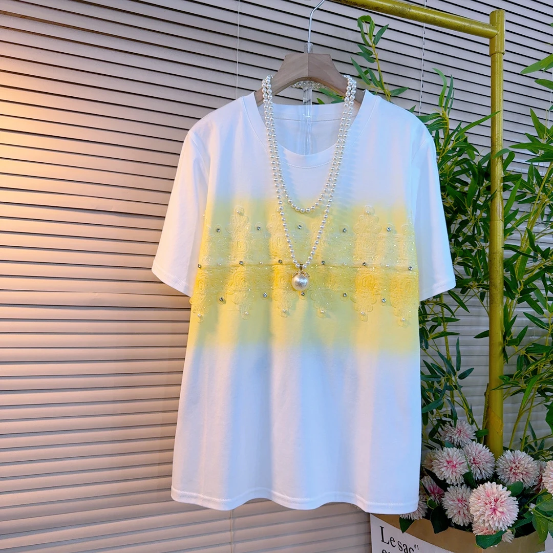 25187胖妹妹夏季新款晕染拼接蕾丝订珠订钻甜美减龄百搭短袖衫