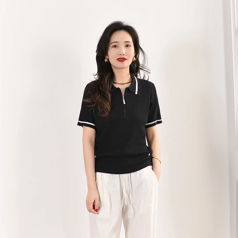 EKNR重工全身麻花polo领短袖T恤夏季新款2025女小翻领半拉链套头