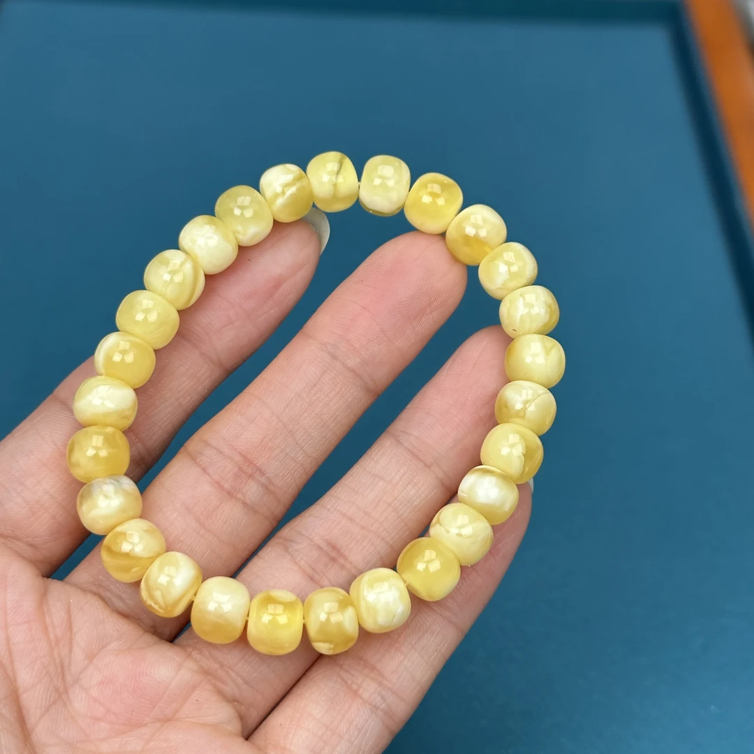 Y4740天然原矿蜜蜡 鸡油黄白花手串 8.2mm抖音基地质检发货