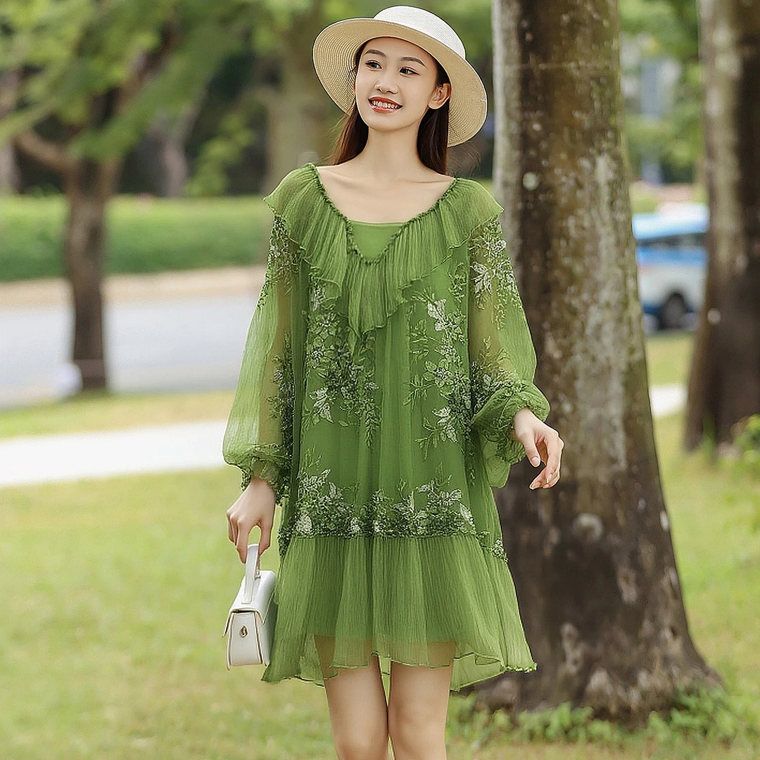 拜占庭的森林轻奢荷叶领显瘦女士宽松中长款气质时尚桑蚕丝连衣裙