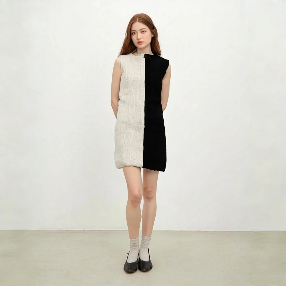 389  Y56简约通勤连衣裙黑白拼接垂坠丝滑拼色无袖直筒A31
