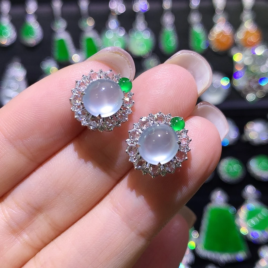 翡翠18K金镶嵌耳饰玻璃种蛋面