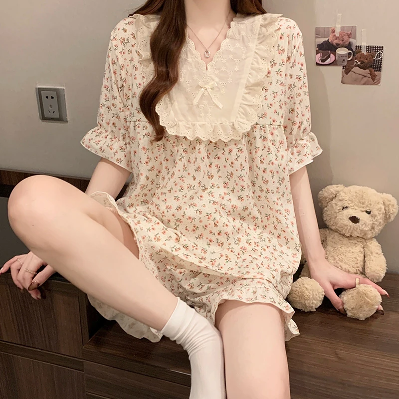睡衣女夏季薄款短袖云朵棉可爱2025新款公主风家居服两件套装花朵