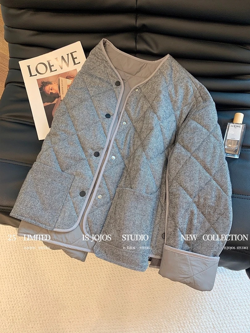 小香风灰色菱格拼接棉服女冬季2025新款高级复古时尚洋气棉衣外套