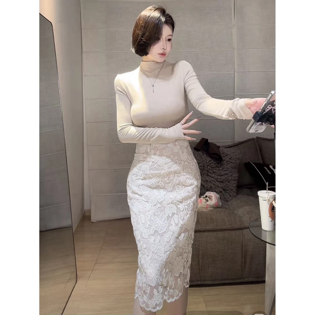 希野逸儿/江南美人穿搭 高腰蕾丝包臀立体雕花米杏色半身裙女人味