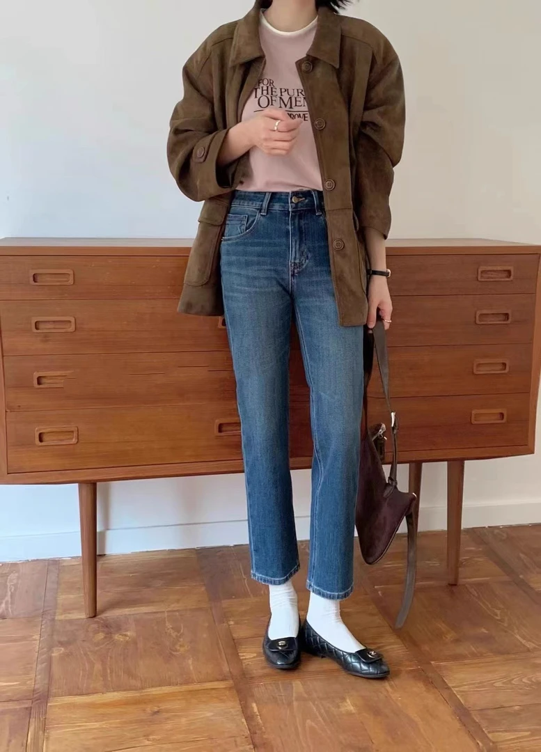 SU【891】代99 愫蕊 牛仔裤女早秋新款蓝色四面弹显瘦九分烟管裤