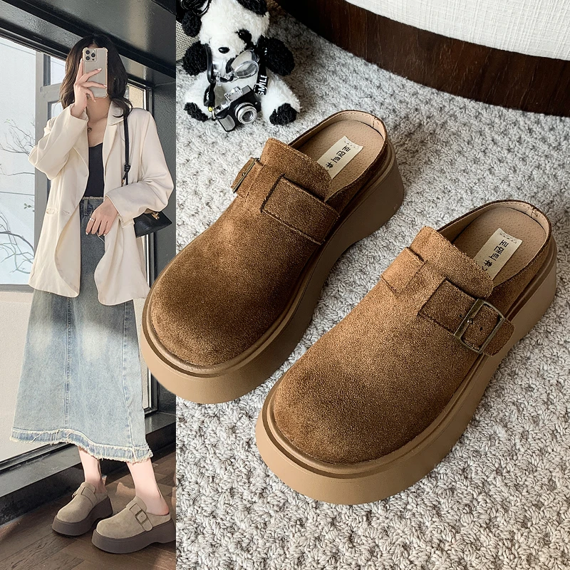 勃肯鞋女4.5cm防滑网红韩版休闲百搭软底增高手工包头拖鞋女款