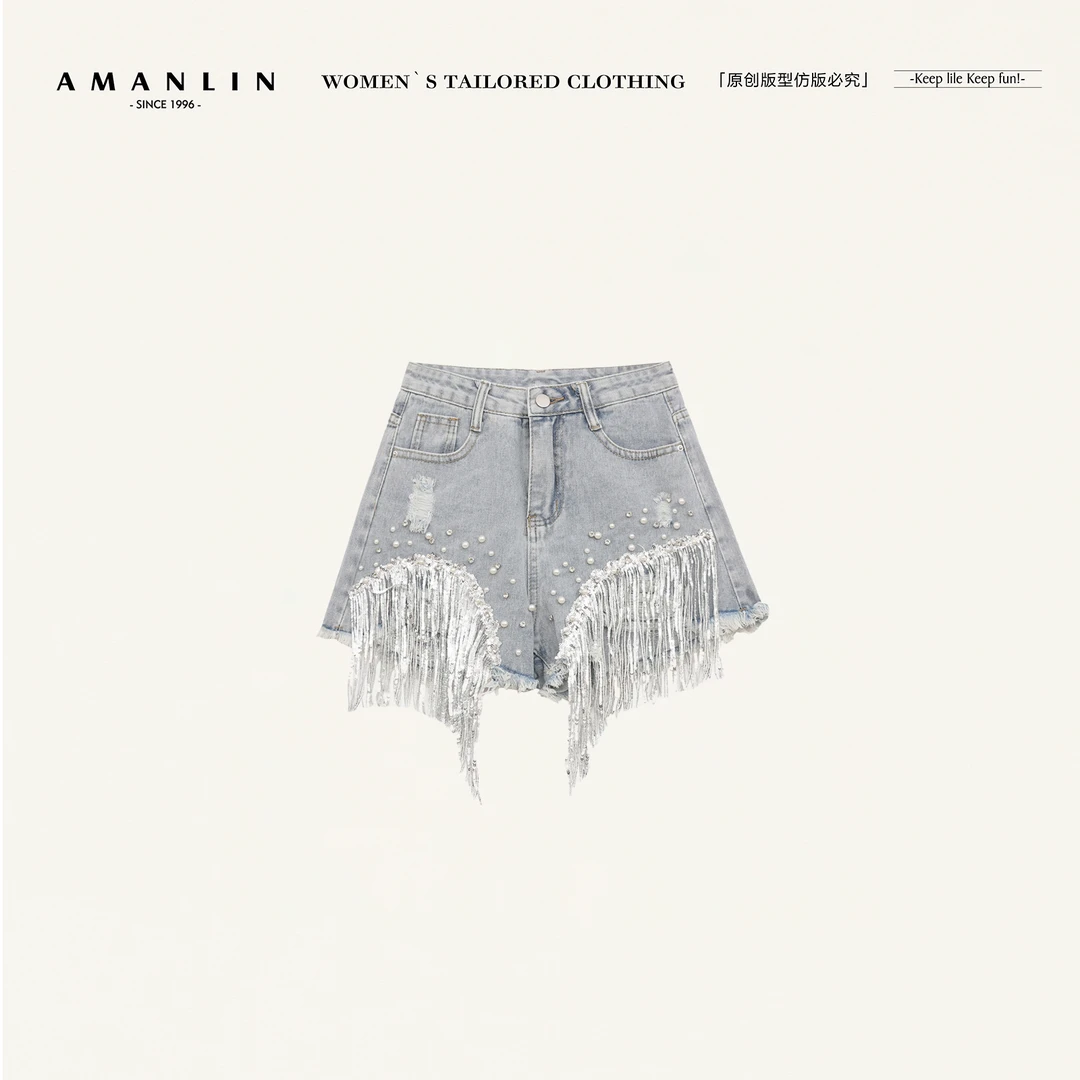 AMANLIN/阿谩琳气质流苏牛仔裤浅色破洞显瘦时尚百搭裤子L591833