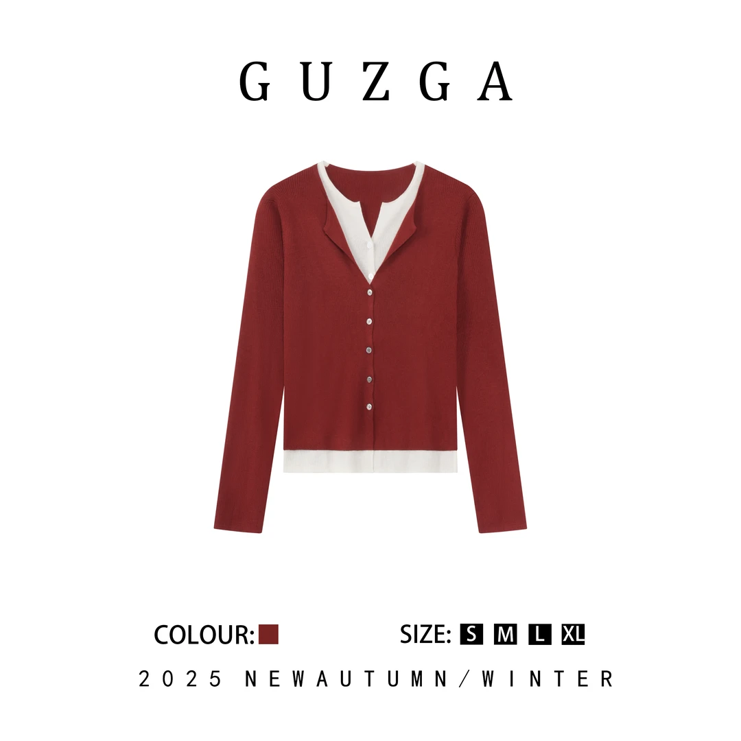 GUZGA【浓妆艳里】2025秋季上新假两件潮流针织套头衫上衣时尚百搭