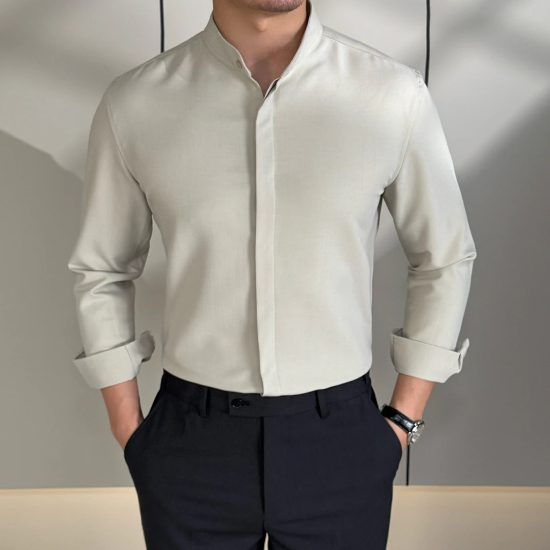 男士秋季商务休闲羊毛翻领立领高品质修身纯色高级感修身长袖衬衫