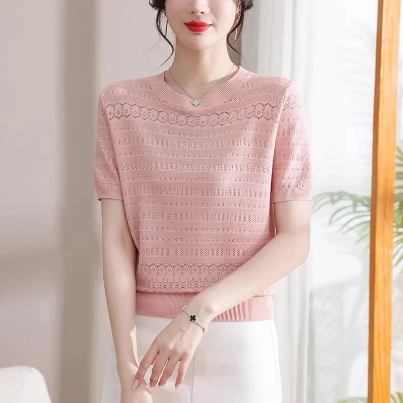 冰麻短袖t恤女夏季新款时尚上衣夏装冰丝针织衫