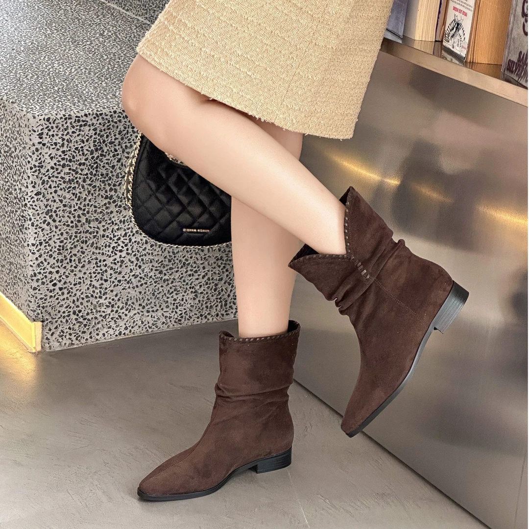 复古西部牛仔靴女2025冬季新款褶皱尖头时尚百搭时装靴 FCA 780-7