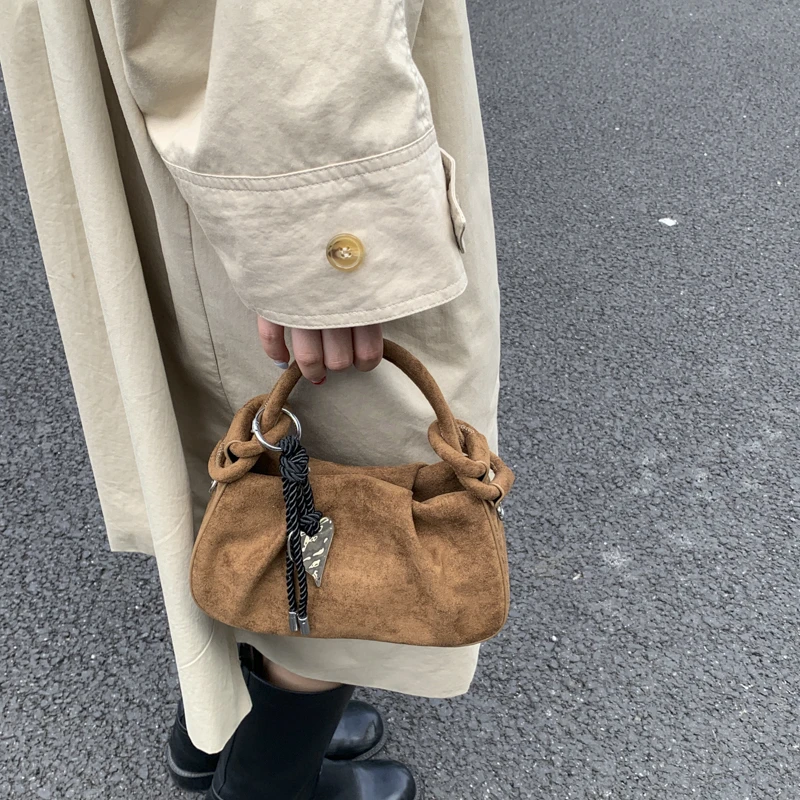 复古麂皮绒手拎小包包女2025新款潮时尚磨砂褶皱云朵包秋冬斜挎包