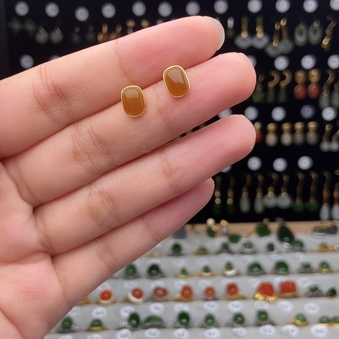 银S925镀金镶嵌和田玉耳饰