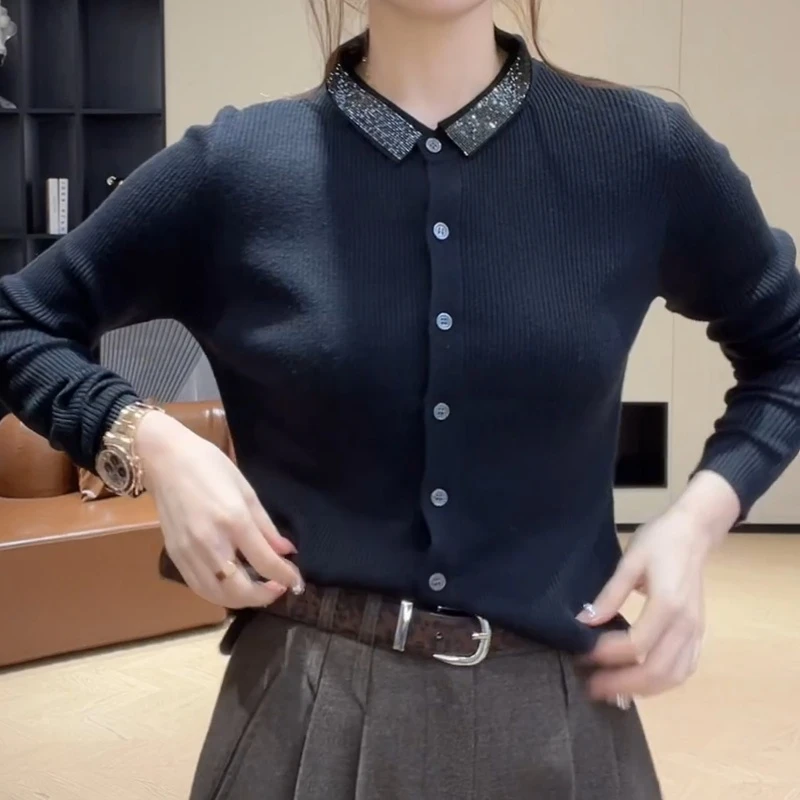 秋冬显瘦烫钻翻领单排扣显瘦打底上衣百搭针织长袖上衣LK2507197
