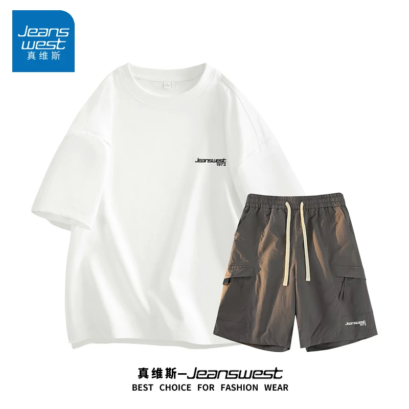 真维斯冰丝工装短裤套装男生夏季干净穿搭时尚休闲运动短袖薄衣服