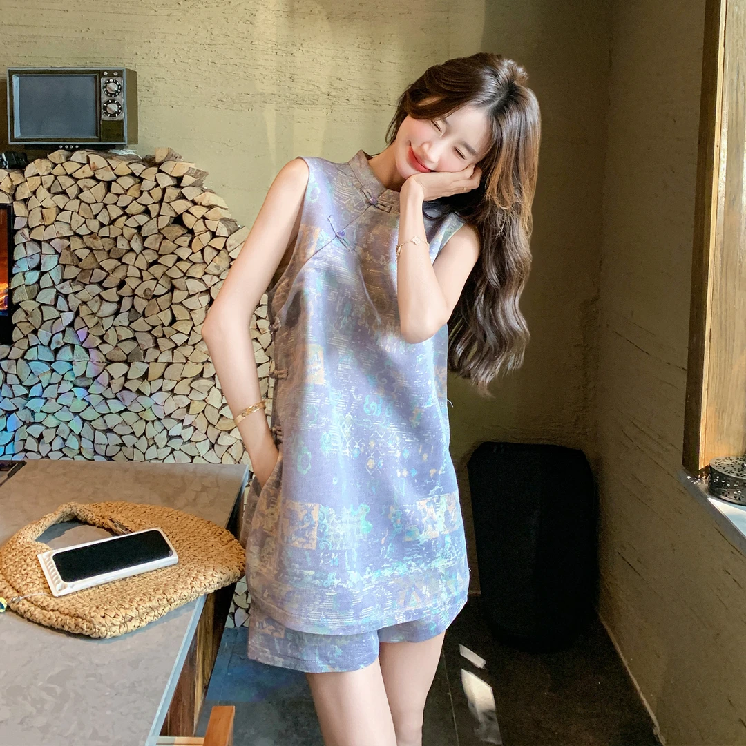 夏季新款短款小个子新中式国风无袖上衣短裤套装休闲清冷感两件套