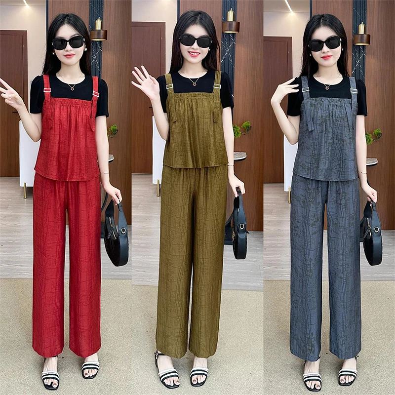 拉夏贝尔时尚套装女夏季新款洋气显瘦拼接上衣阔腿裤减龄两件套