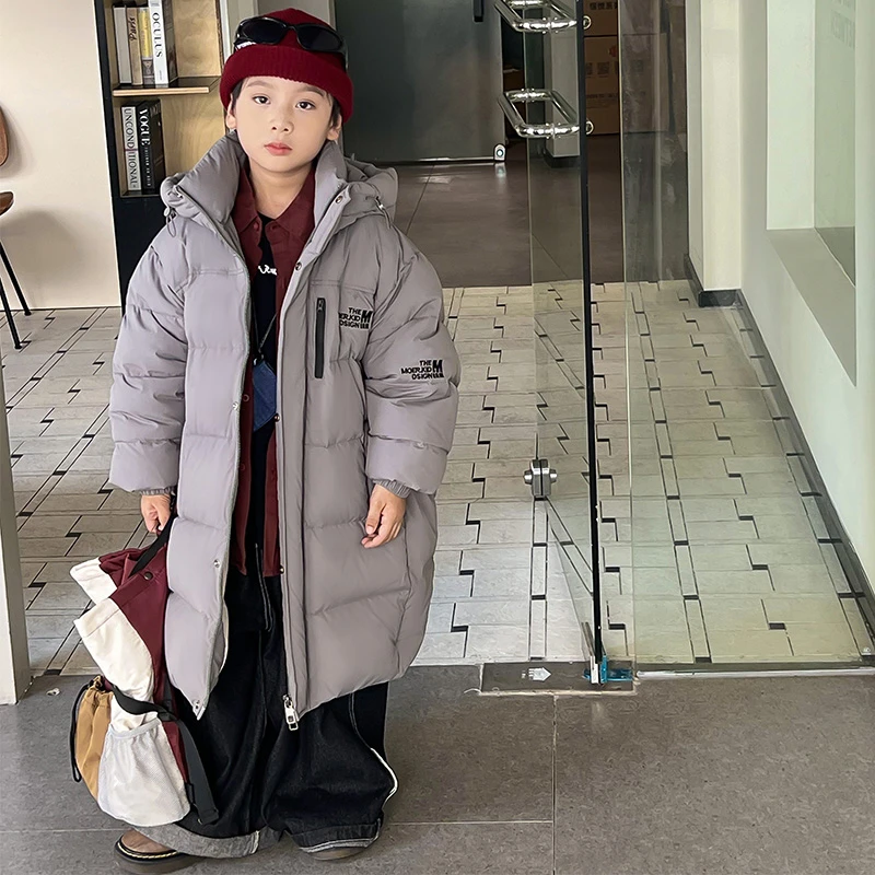 儿童加厚韩版保暖中长款羽绒外套男女同款冬季连帽大童百搭羽绒服